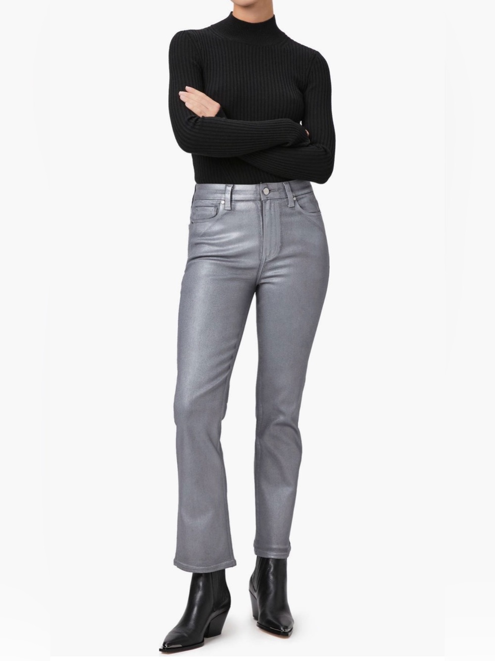 NWT PAIGE Claudine Silver Shimmer Metallic Coated High Rise Flare Jeans - Picture 6 of 17